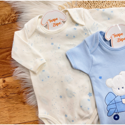 CONJ. DE MALHA 3 PEÇAS - Ursinho Aviador - Off White e Azul Claro